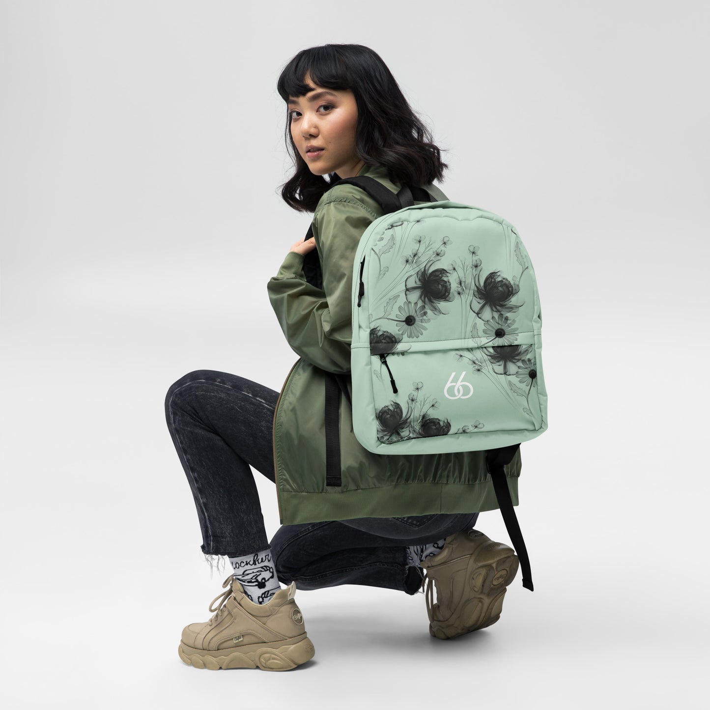 Pastel Green+Black “Translucent Wildflower” Backpack