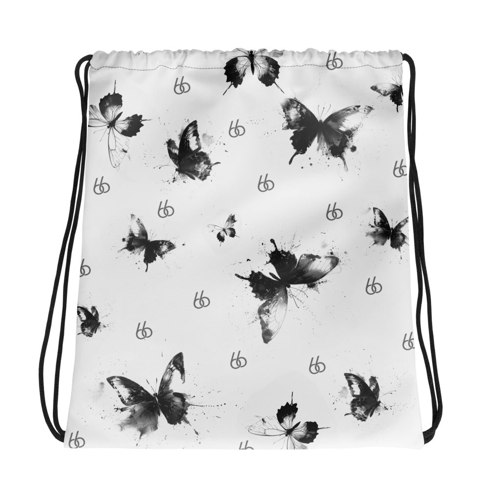 “Black+White Translucent Butterfly” L X V I Drawstring Bag