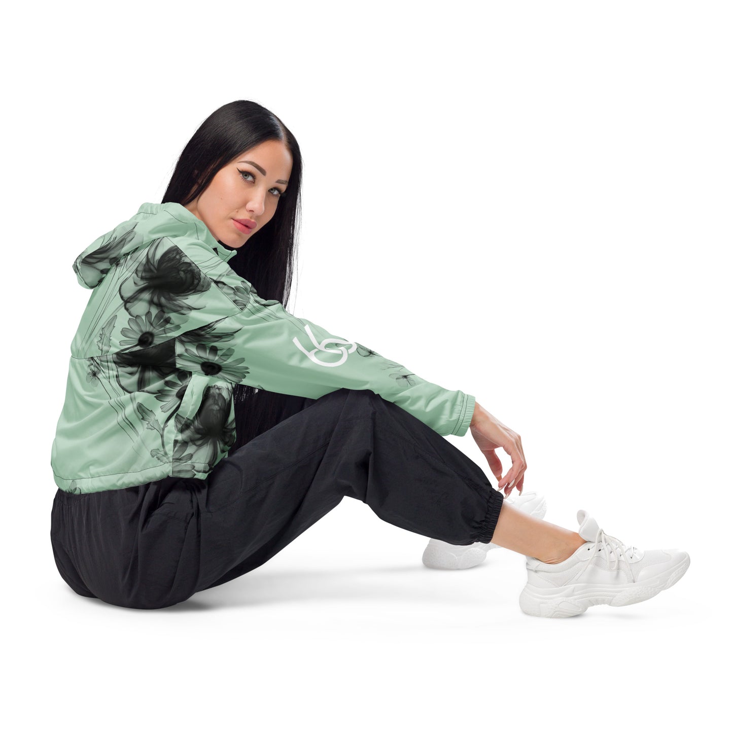 Pastel Green+Black “Translucent Butterfly” Women’s Cropped Windbreaker